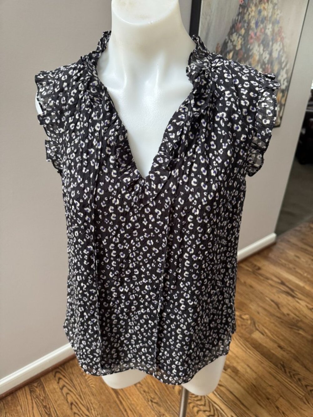 Rebecca Taylor Black White Floral Cotton Silk V Neck Sleeveless Blouse Size 4